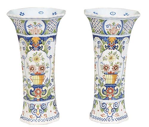 Pair of Continental Faience Trumpet Vases, 20th c., of waisted octagonal form, with colorful floral decoration, the underside marked "KB, 165," H.- 11