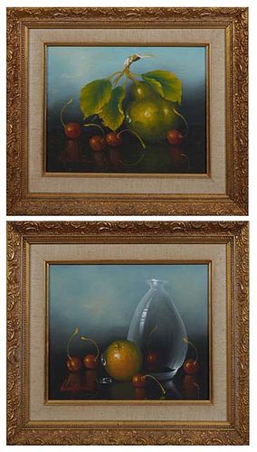 Wallace, "Still Life with Fruit and Vase," and "Still Life with Pear and Cherries," 20th c., pair of oils on canvas laid to board, both signed lower l