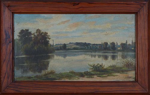 Continental School, "Pastoral Lake View," 19th/20th c., oil on canvas, signed indistinctly "J. Friusse" lower right, presented in a wood frame, H.- 12