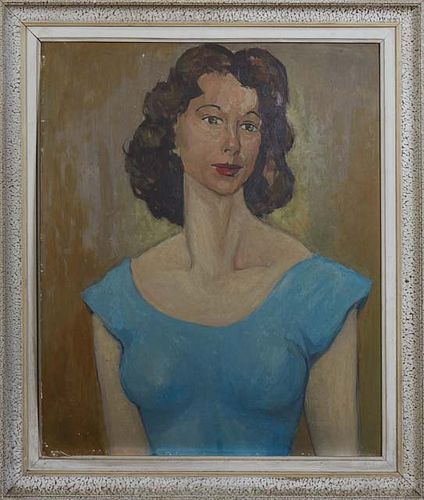 Continental School, "Portrait of a Brown-Eyed Girl," c. 1950, oil on paperboard, unsigned, presented in a textured frame, H.- 25 in., W.- 20 3/4 in., 