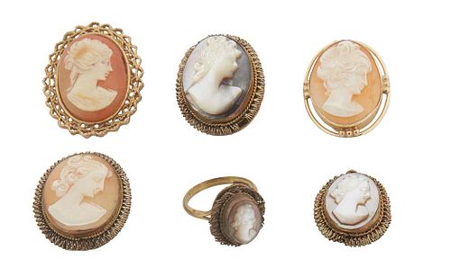 Group of Six Italian Cameos, early 20th c., consisting of an oval mother-of-pearl pendant/brooch in a gold filled frame; an oval pendant in a gold fil