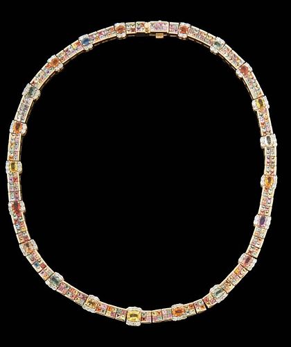 14K Yellow Gold Link Necklace, the sixty-five rectangular links each mounted with four colored round sapphires, separated by twenty-one vertical links