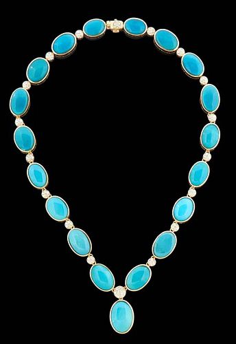 14K Yellow Gold Oscar Friedman Link Necklace, the eighteen oval links mounted with an oval cabochon turquoise stone, joined by nine circular links mou