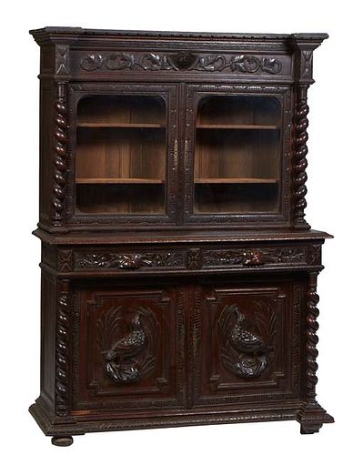 French Provincial Henri II Style Carved Oak Buffet a Deux Corps, , c. 1880, the breakfront crown over setback glazed double doors, flanked by rope twi