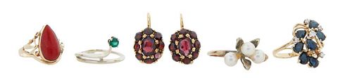 Group of Five Pieces of 14K Gold Jewelry, consisting of a pair of pierced garnet mounted yellow gold earrings; a lady's ring with pear shaped sapphire
