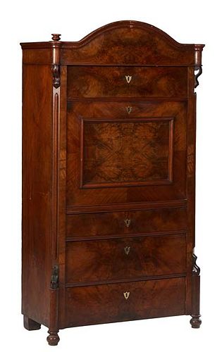 Continental Inlaid Carved Mahogany Secretary Abattant, 19th c., the arched top over a large frieze drawer above a fall front desk opening to an interi