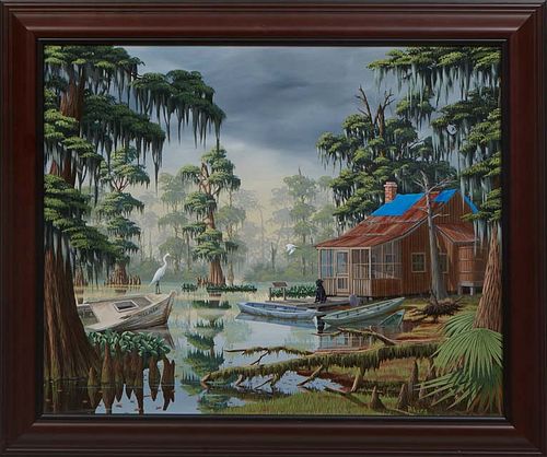 John Akers (Louisiana, 1944-2006), "Miss Alex," 20th/21st c., oil on board, signed lower right, presented in a wood frame, H.- 19 3/8 in., W.- 23 1/2 