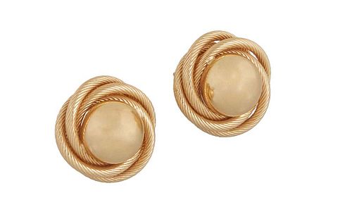 Pair of 18K Yellow Gold Pierced Earrings, of ball and cable design, Dia.,- 3/4 in., D.- 1/2 in., Wt.- .16 Troy Oz.