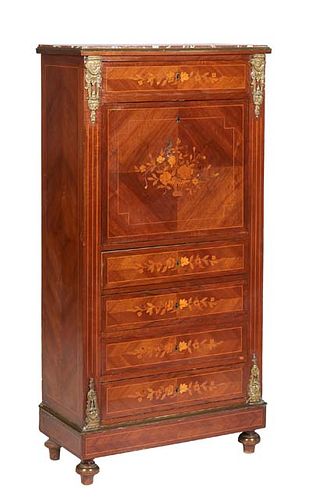 French Louis XVI Style Carved Walnut Ormolu Mounted Marble Top Secretary Abattant, 19th c., the inset highly figured rouge marble over a frieze drawer
