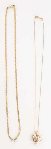 Two 14K Yellow Gold Necklaces, one a flat herringbone chain with an integral .5 carat round diamond; the second a tiny link chain with a pierced heart