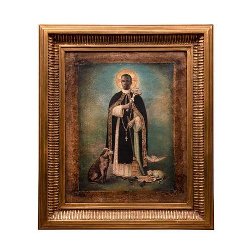 ANÓNIMO FINALES DEL SIGLO XIX. San Martín de Porres Óleo sobre tela. 48 x 38 cm. Enmarcada.