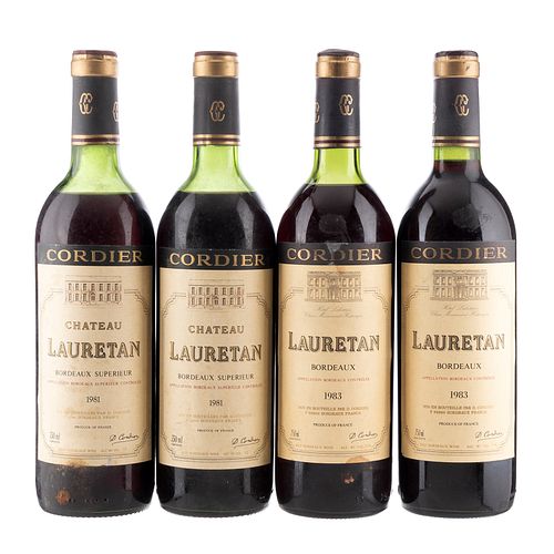Château Lauretan. Cosecha 1981 y 1983. Bordeaux Superieur. France. Piezas: 4. En presentaciones de 750 ml.