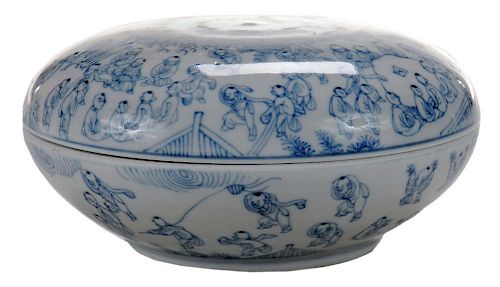 Blue and White Porcelain Covered Hundred Boy Box - 青花瓷百子盒
