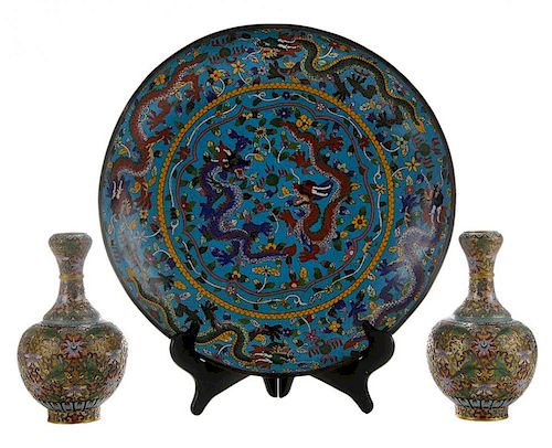 Cloisonné Dragon Bowl and a Pair Cloisonné garlic-head vases - 景泰蓝龙纹瓷碗和一对景泰蓝蒜头瓶