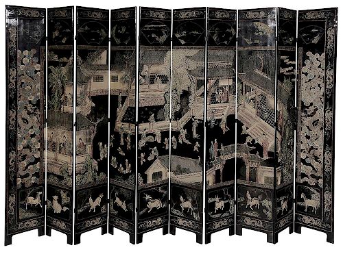 Chinese Lacquered and Polychromed Ten Panel Room Screen - 中式涂漆多彩十片式屏风