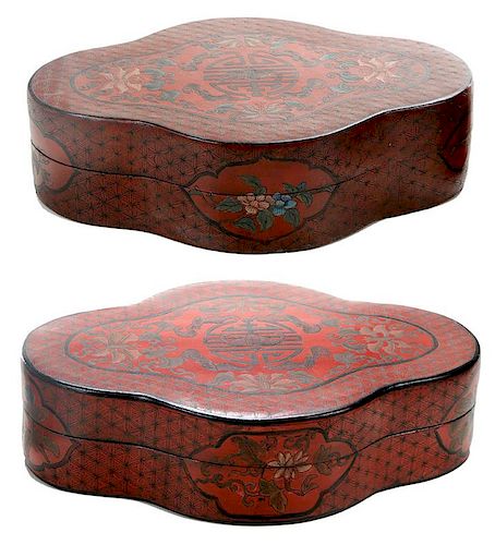 Pair Shaped Covered Boxes with Incised and Painted Designs Chinese - 一对刻花木盒