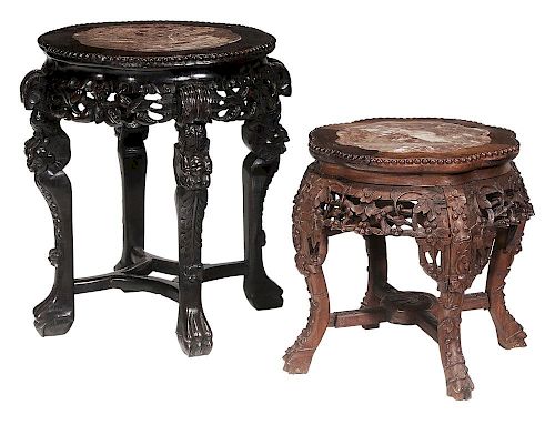 Two Carved Hardwood and Marble Inset Taborets - 一对硬木雕饰镶大理石凳