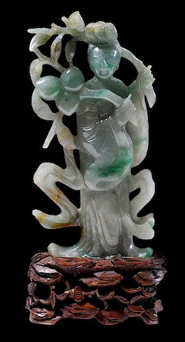 Carved Green Nephrite Jade Quanyin Branch with fruit  - 雕饰色翠玉持果观音像