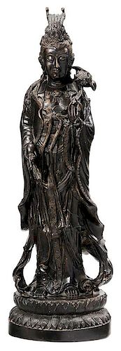 Large Patinated Bronze Standing Quanyin  - 铜绿观音像