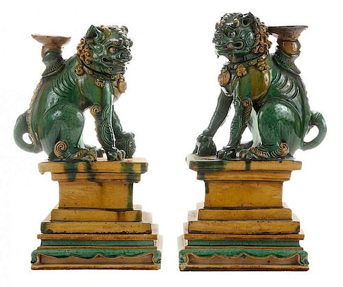 Pair Sancai-glazed Two-part Foo Lion - 一对三彩石狮像