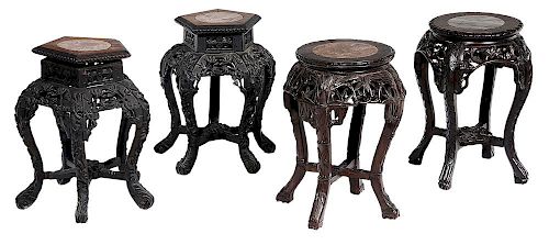 Group of four chinese carved hardwood taborets - 四个硬木雕饰凳子