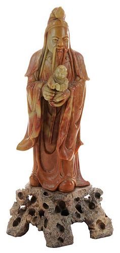 Carved Soapstone Figure of a Standing Elder holding a baby - 鸡血石雕饰老人抱孙像