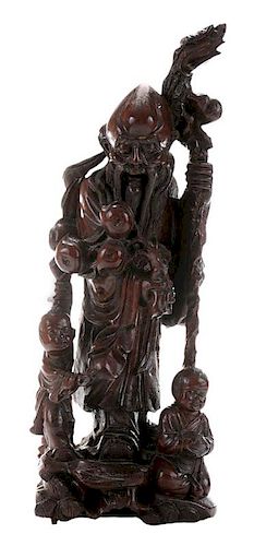 Carved Hardwood Figure of Lohan with two boys - 雕饰硬木罗汉与二小儿像