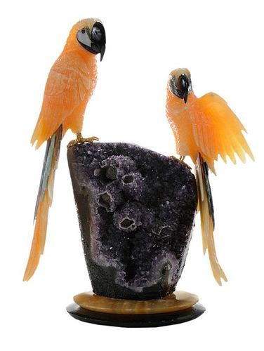 Two Carved Hardstone Parrots on Amethyst Rock - 一对雕饰玉石鹦鹉栖紫水晶
