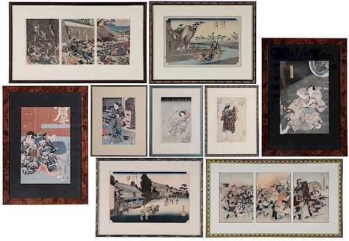 Nine Framed Japanese Woodblock Prints by Various Artists - 七幅装裱日本木刻画， 多名画家