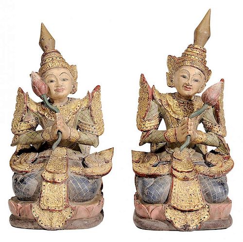 Pair siamese polychrome and gilt wood Kneeling Figures - 一对多彩暹罗镀金祈祷塑像