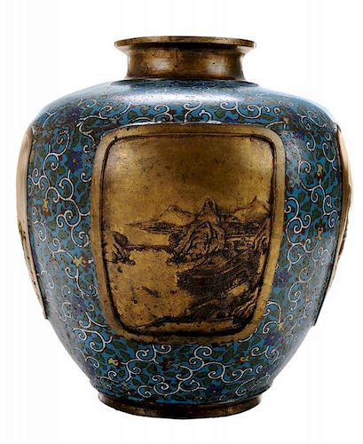 Champlevé Enameled Bronze Landscape Vase - 内填珐琅青铜山水瓶