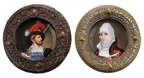 Pair Hand-Painted Plates, Metal Frames