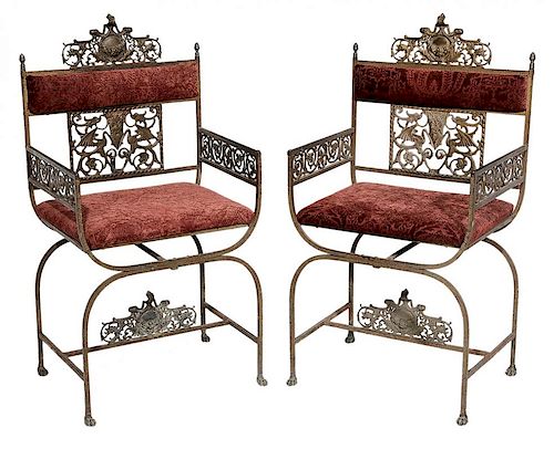 Pair Art Deco Bronze and Upholstered