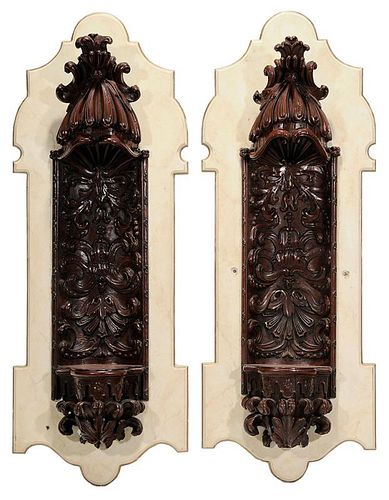 Pair Carved Walnut Wall Shelves