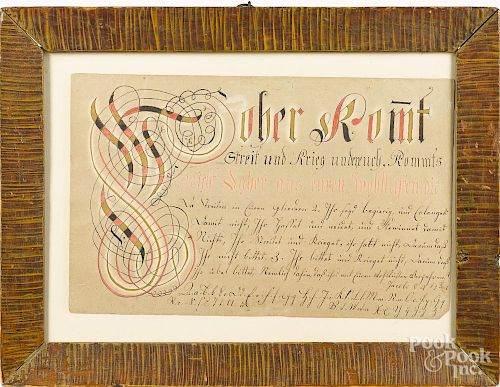 Southeastern Pennsylvania ink and watercolor fraktur vorschrift, ca. 1800, 8'' x 12 3/4''.