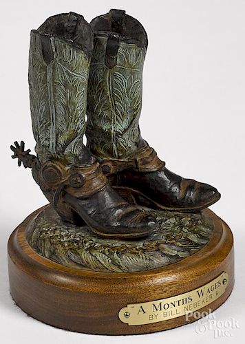 Bill Nebeker (American, b. 1942), bronze cowboy boots, titled A Month's Wages, 4 3/4'' h.
