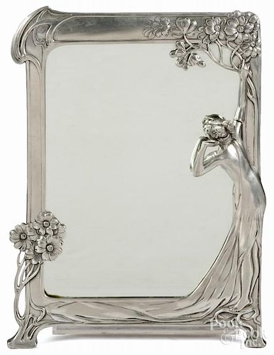 German art nouveau polished pewter dressing mirror, early 20th c., 14 1/4'' x 10 1/2''.