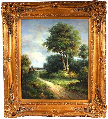 Oil on Canvas, Wooded Path to Village
