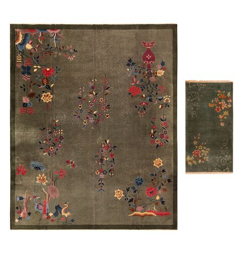 Pair Of Antique Chinese Art Deco Rugs 9 ft 7 in x 8 ft (2.92 m x 2.43 m) + 4 ft x 2 ft (1.21 m x 0.6 m)