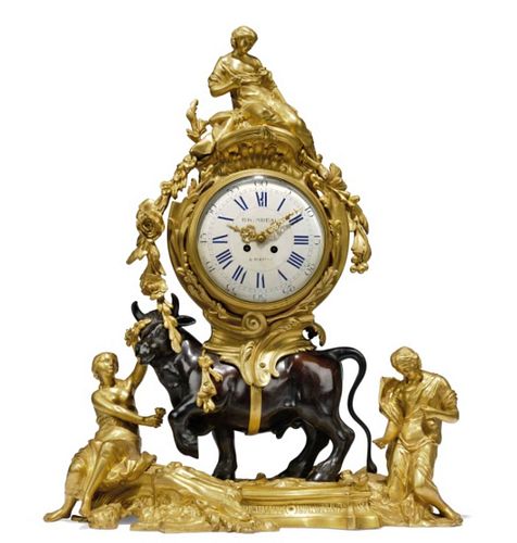 A Large 19th C. French Louis XV Style Gilt & Patinated Bronze Figural Mantle Clock