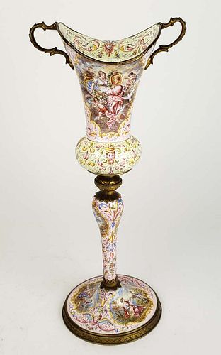 19th C. Large Viennese Enamel Vase w/ Handles