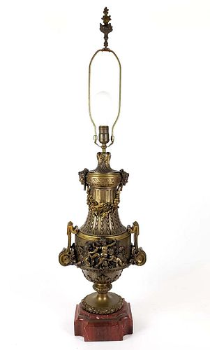 19th C. French Art Noveau Bronze & Rouge Marble Lamp