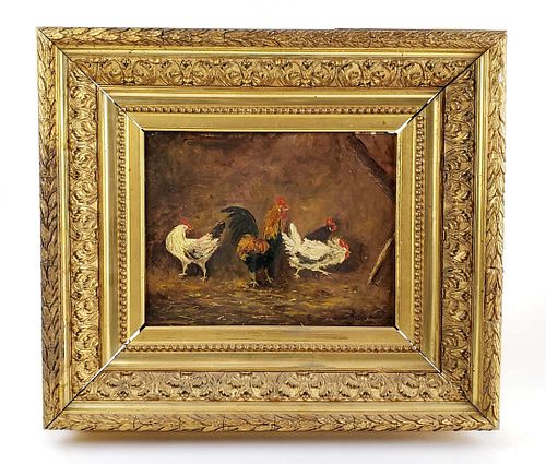 19th C. Oil on Board of Rooster & Chickens Signed Marechal Charles