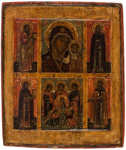 A RUSSIAN SIX-PART ICON OF OUR LADY OF KAZAN, ARCHANGEL MICHAEL AND FOUR SAINTS, 18TH CENTURY