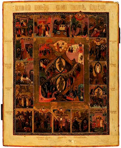 A LARGE RUSSIAN ICON OF THE RESURRECTION WITH SIXTEEN FEASTS, 19TH CENTURY