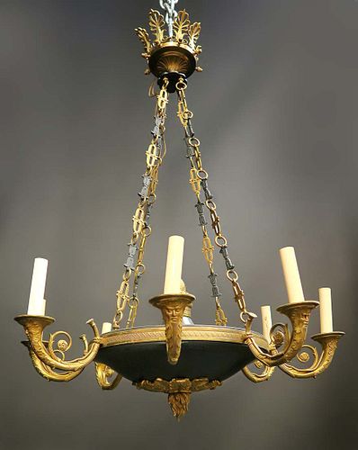 Empire Style Chandelier In Gilded Bronze And Green Patina