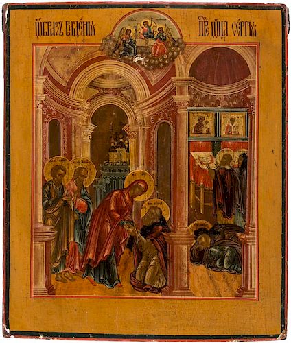 A RUSSIAN ICON OF THE APPEARANCE OF THE MOTHER OF GOD TO ST. SERGEI OF RADONEZH, 19TH CENTURY
