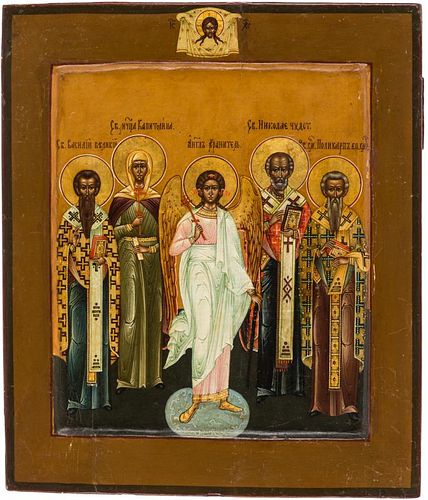 A RUSSIAN ICON WITH FOUR SAINTS AND THE GUARDIAN ANGEL, 19TH CENTURY