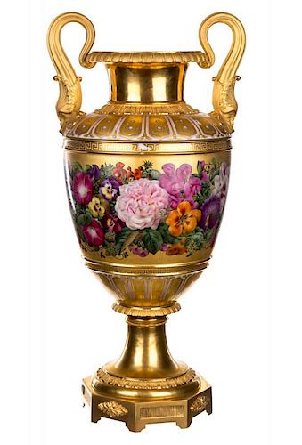 A LARGE PORCELAIN VASE WITH DELICATE BLOOMING FLOWERS ON GILT GROUND, POSSIBLY RUSSIAN, 19TH CENTURY