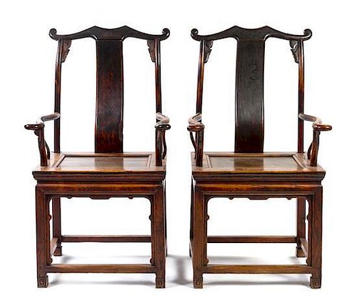 * A Pair of Elmwood Official's Hat Chairs, Sichutouguanmaoyi Height 45 7/8 inches.